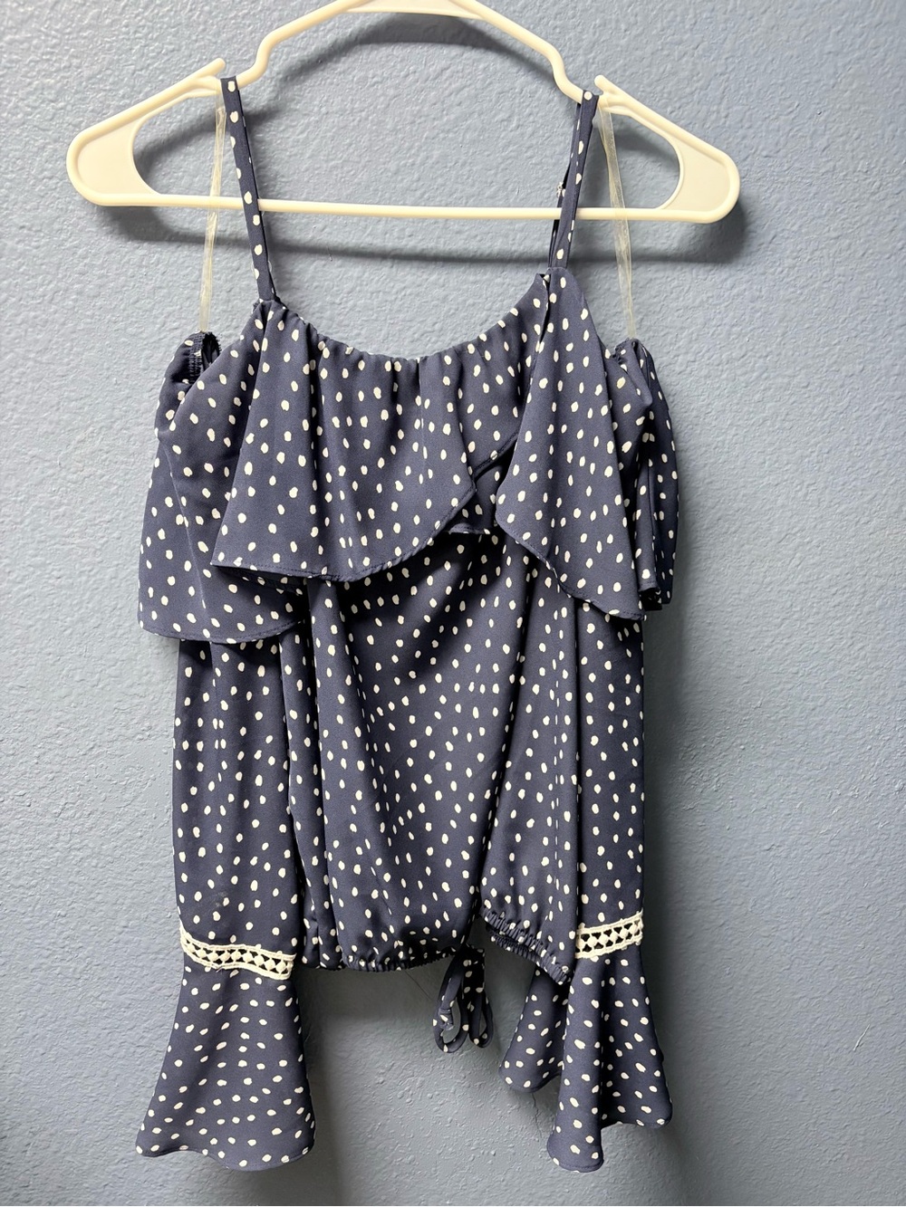 BCX Navy and White Polka Dot Ruffle Camisole